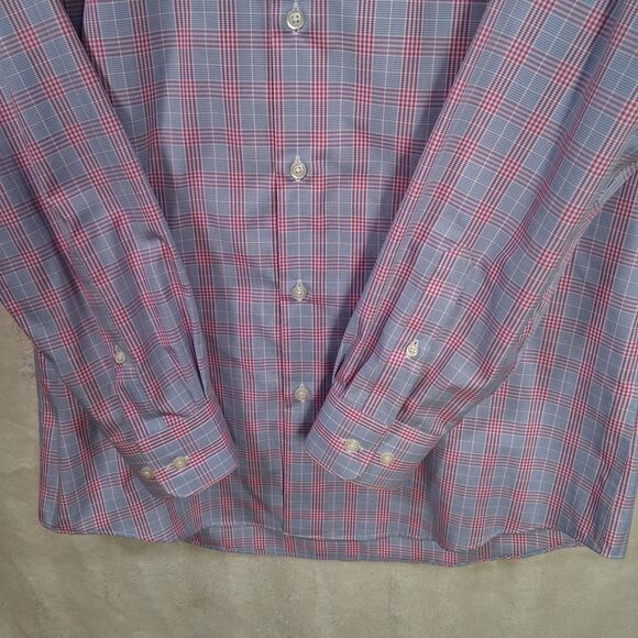 PRONTO Uomo Dress Shirt Mens 16 32 33 Slim Fit Non-Iron Plaid Cotton Blue Pink - Picture 5 of 6